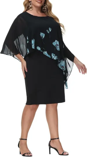 Hanna Nikole Women's Sleeveless Cape Dress with Chiffon Overlay Sequin Bodycon Pencil Dress