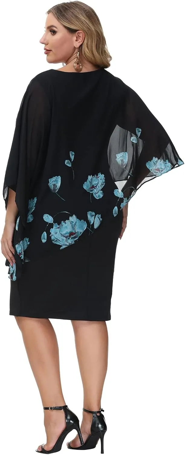 Hanna Nikole Women's Sleeveless Cape Dress with Chiffon Overlay Sequin Bodycon Pencil Dress