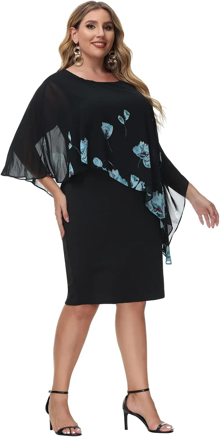 Hanna Nikole Women's Sleeveless Cape Dress with Chiffon Overlay Sequin Bodycon Pencil Dress