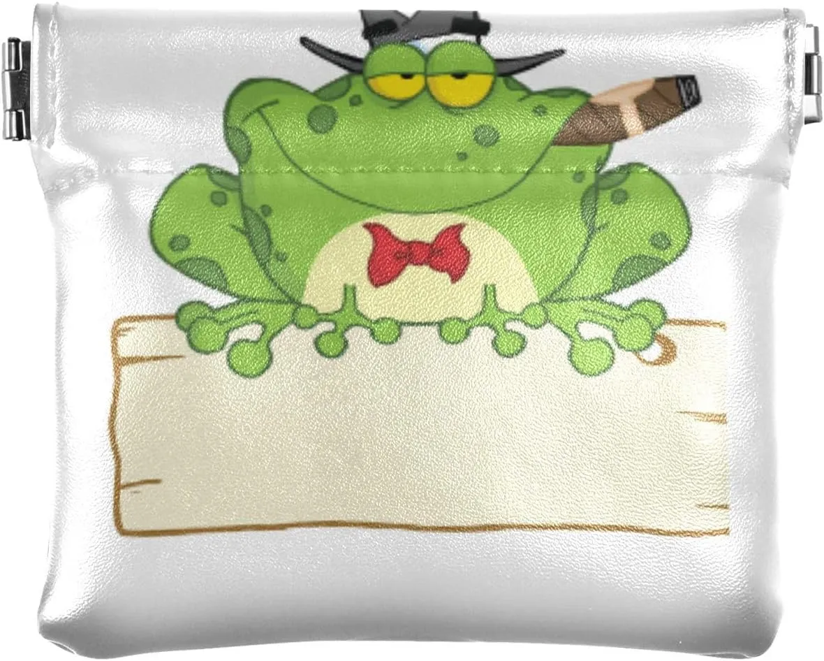 Happy Green Frogs Cartoon Characters Set on White Style Women Leather Mini Wallet Compact Clip Wallets for Cards Money Accessories Purses for Work Shopping 4.33 x 3.74 inch