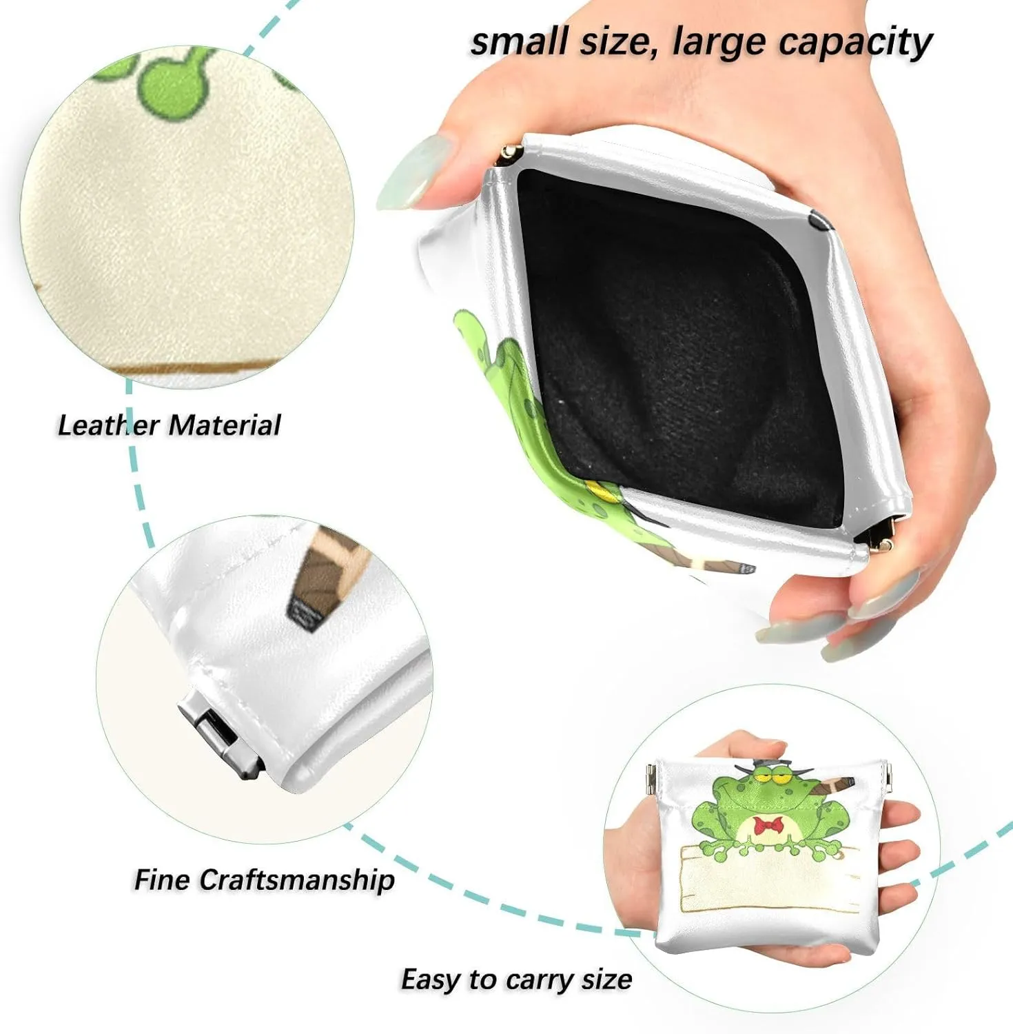 Happy Green Frogs Cartoon Characters Set on White Style Women Leather Mini Wallet Compact Clip Wallets for Cards Money Accessories Purses for Work Shopping 4.33 x 3.74 inch