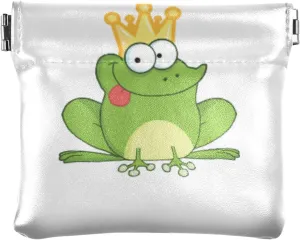 Happy Green Frogs Cartoon Characters Set on White Women Leather Mini Wallet Compact Clip Wallets for Cards Money Accessories Purses for Work Shopping 4.33 x 3.74 inch