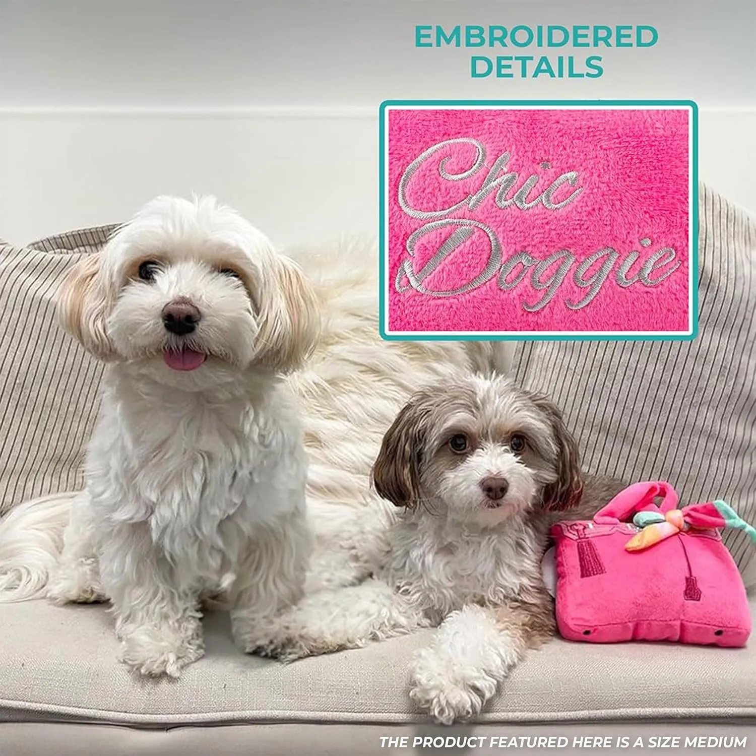 Haute Diggity Dog Barkin Bag with Scarf, Plush Designer Dog Toys with Interactive Squeaker, Stimulating Pet Enrichment, Machine-Washable & Safe Materials for All Breeds, Size Small