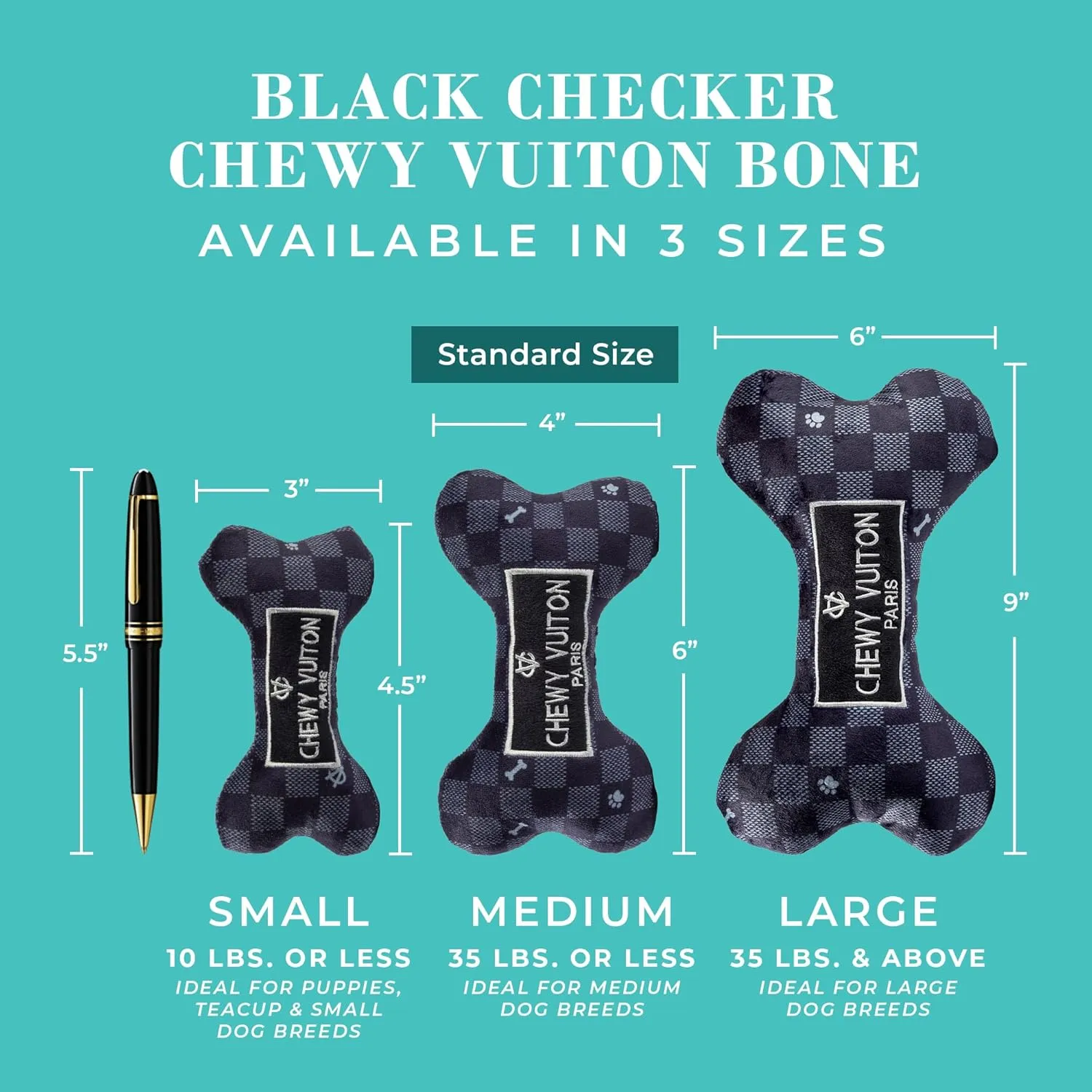 Haute Diggity Dog Black Checker Chewy Vuiton Bone, Plush Designer Dog Toys with Interactive Squeaker, Stimulating Pet Enrichment, Machine-Washable & Safe Materials for All Breeds, Size Medium