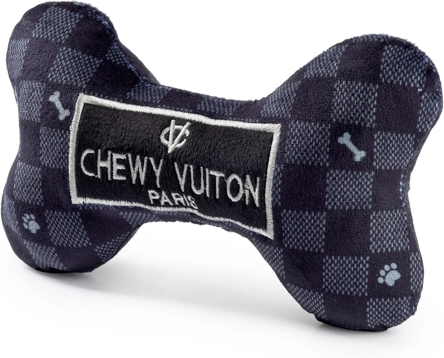 Haute Diggity Dog Black Checker Chewy Vuiton Bone, Plush Designer Dog Toys with Interactive Squeaker, Stimulating Pet Enrichment, Machine-Washable & Safe Materials for All Breeds, Size Medium