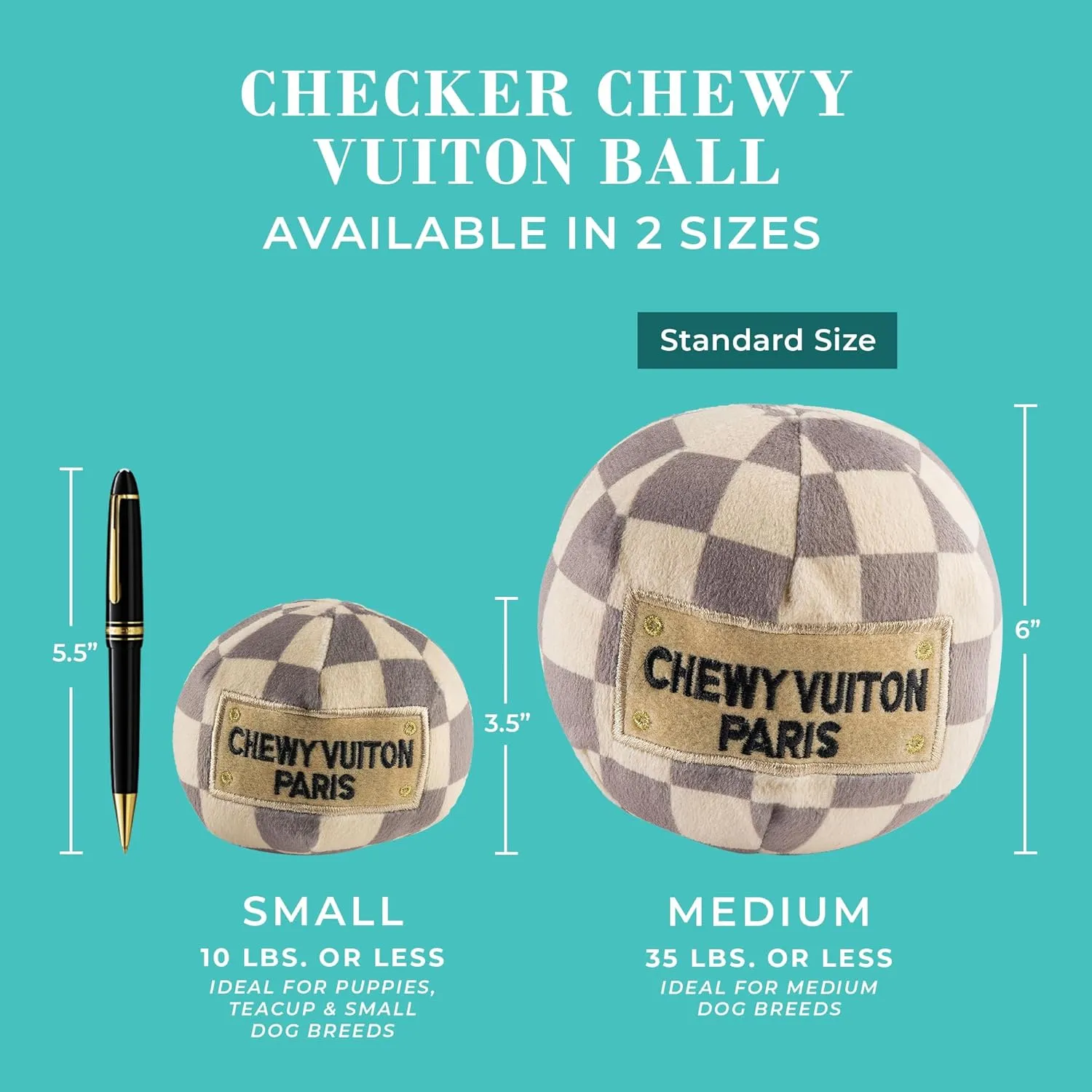 Haute Diggity Dog Checker Chewy Vuiton Ball, Plush Designer Dog Toys with Interactive Squeaker, Stimulating Pet Enrichment, Machine-Washable & Safe Materials for All Breeds, Size Small