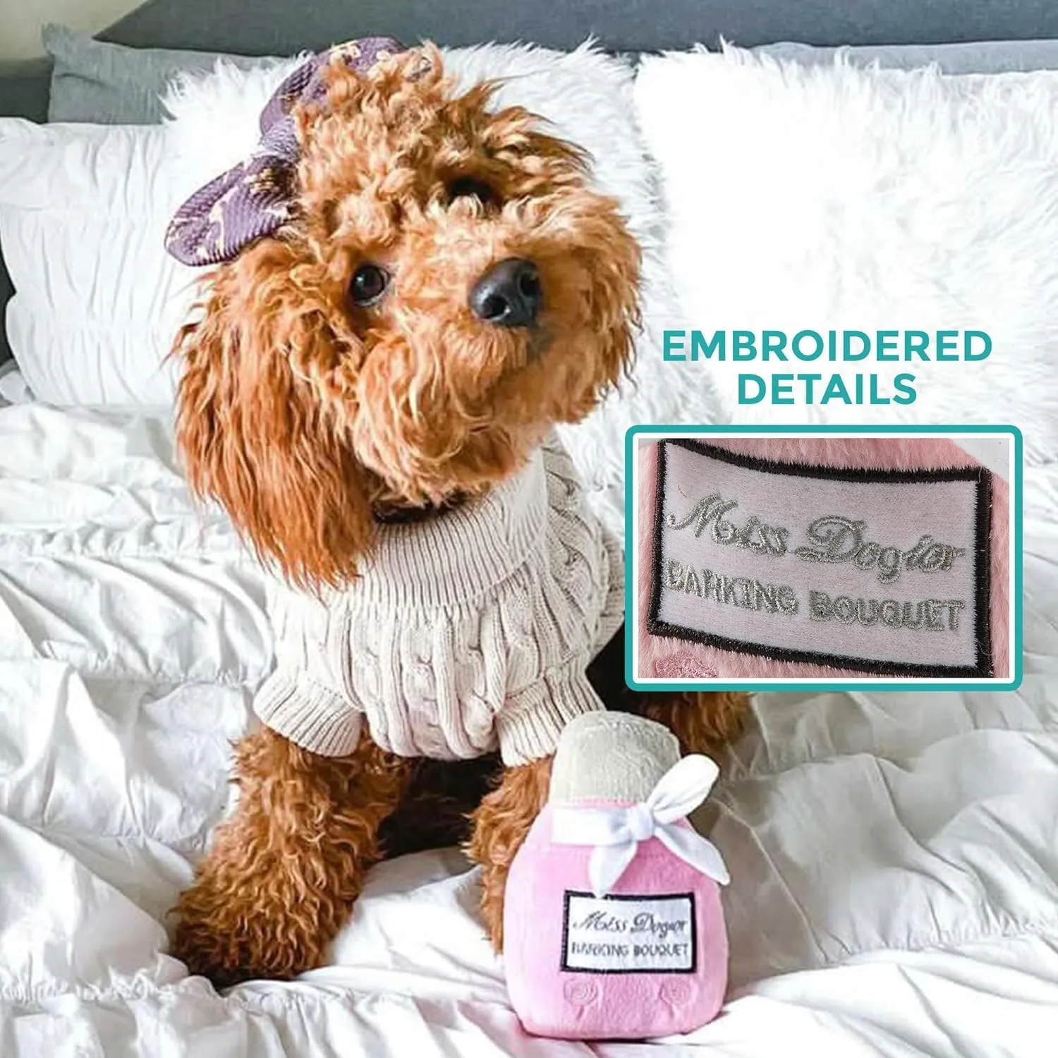 Haute Diggity Dog Miss Dogior Perfume, Plush Designer Dog Toys with Interactive Squeaker, Stimulating Pet Enrichment, Machine-Washable & Safe Materials for All Breeds, One Size