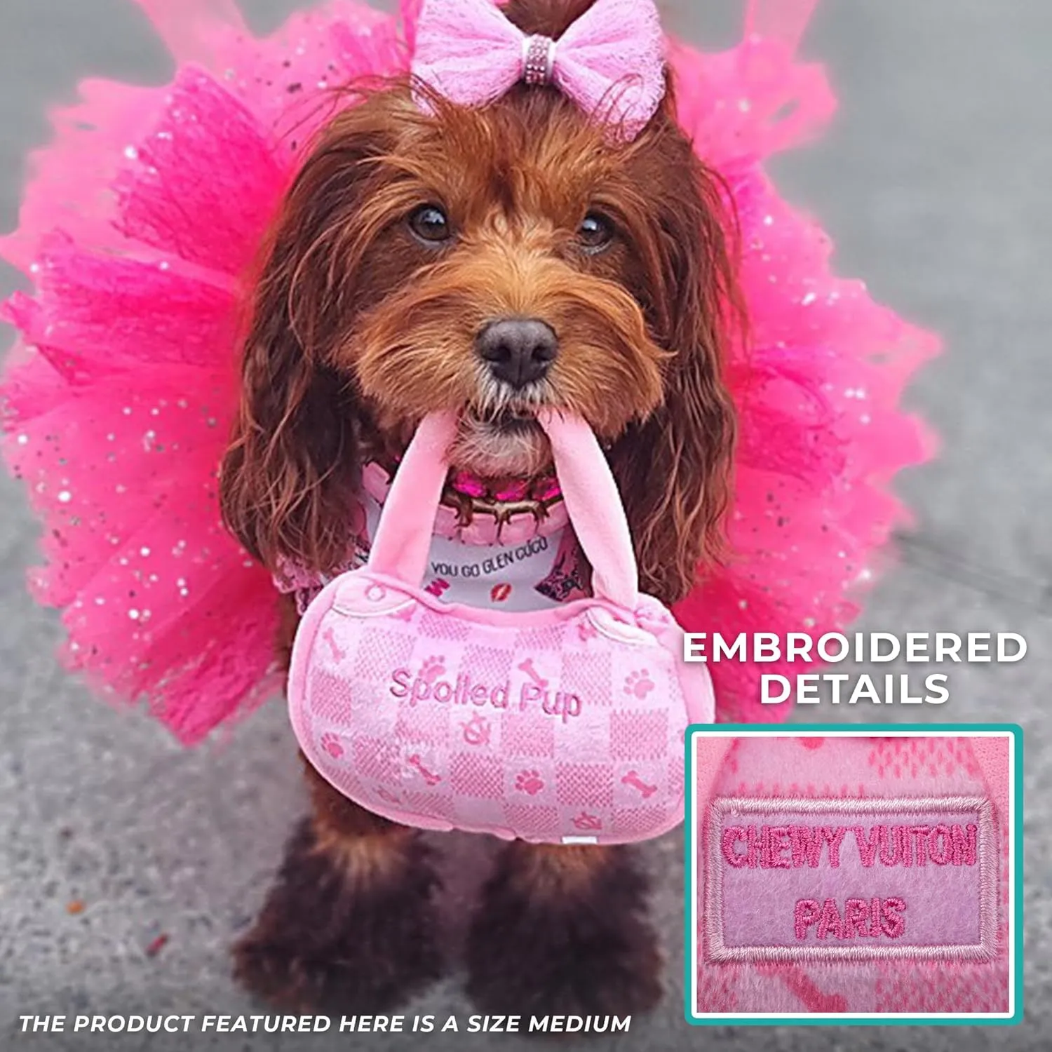 Haute Diggity Dog Pink Checker Chewy Vuiton Handbag, Plush Designer Dog Toys with Interactive Squeaker, Stimulating Pet Enrichment, Machine-Washable & Safe Materials for All Breeds, Size Medium