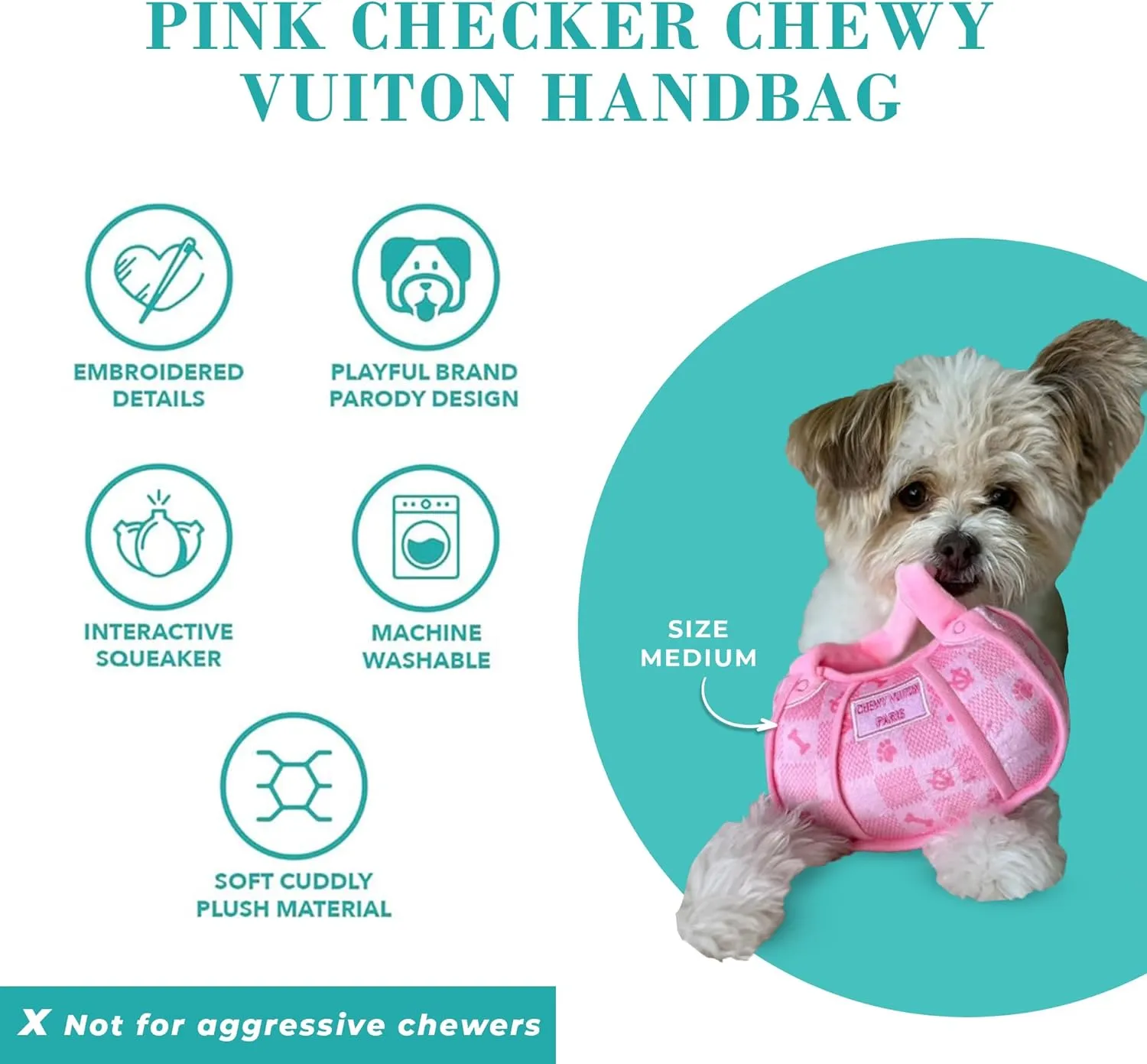 Haute Diggity Dog Pink Checker Chewy Vuiton Handbag, Plush Designer Dog Toys with Interactive Squeaker, Stimulating Pet Enrichment, Machine-Washable & Safe Materials for All Breeds, Size Medium