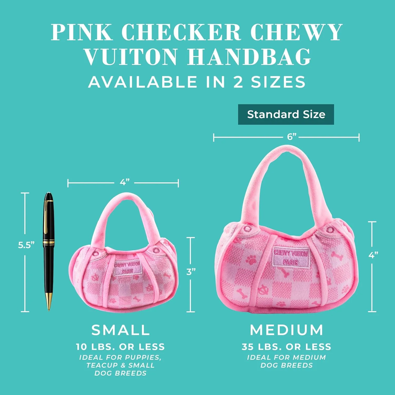 Haute Diggity Dog Pink Checker Chewy Vuiton Handbag, Plush Designer Dog Toys with Interactive Squeaker, Stimulating Pet Enrichment, Machine-Washable & Safe Materials for All Breeds, Size Medium