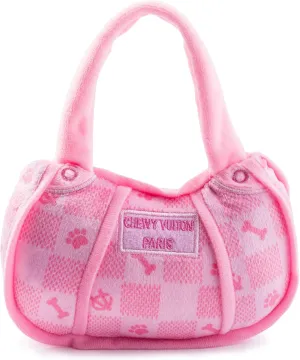 Haute Diggity Dog Pink Checker Chewy Vuiton Handbag, Plush Designer Dog Toys with Interactive Squeaker, Stimulating Pet Enrichment, Machine-Washable & Safe Materials for All Breeds, Size Medium