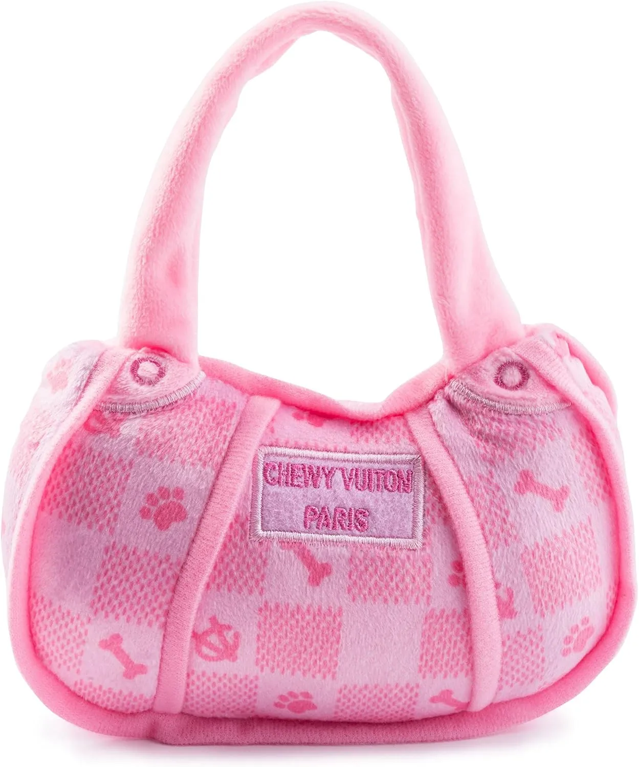 Haute Diggity Dog Pink Checker Chewy Vuiton Handbag, Plush Designer Dog Toys with Interactive Squeaker, Stimulating Pet Enrichment, Machine-Washable & Safe Materials for All Breeds, Size Medium