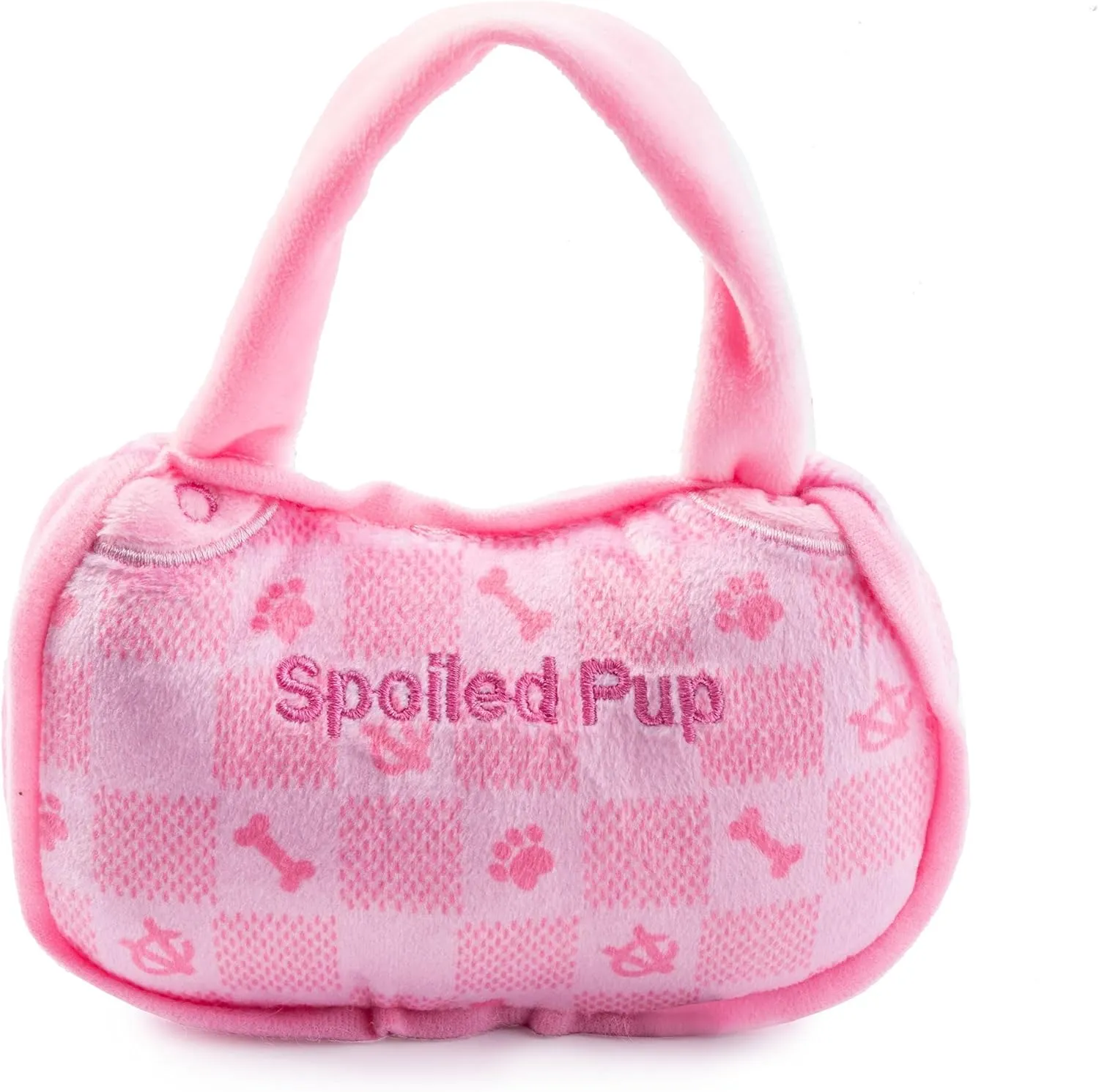 Haute Diggity Dog Pink Checker Chewy Vuiton Handbag, Plush Designer Dog Toys with Interactive Squeaker, Stimulating Pet Enrichment, Machine-Washable & Safe Materials for All Breeds, Size Medium