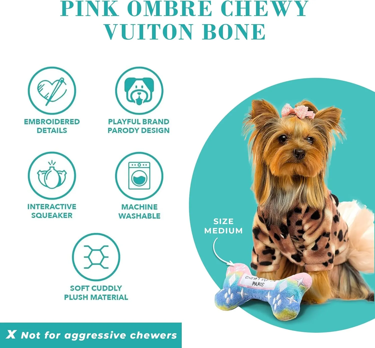 Haute Diggity Dog Pink Ombre Chewy Vuiton Bone, Plush Designer Dog Toys with Interactive Squeaker, Stimulating Pet Enrichment, Machine-Washable & Safe Materials for All Breeds, Size Medium