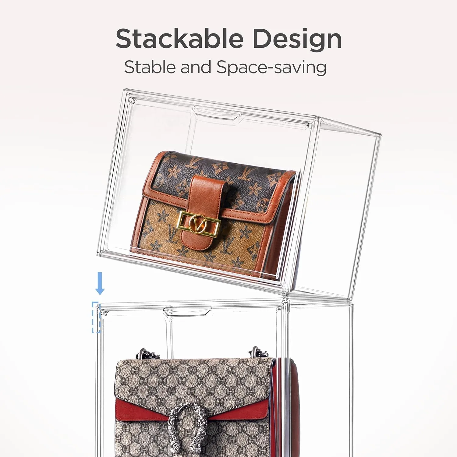 HBlife 6 Pack Purse Storage Organizer for Closet, Large Clear Stackable Handbag Display Case Box with Magnetic Door for Collectibles, Cosmetics, Women Heels and Toys