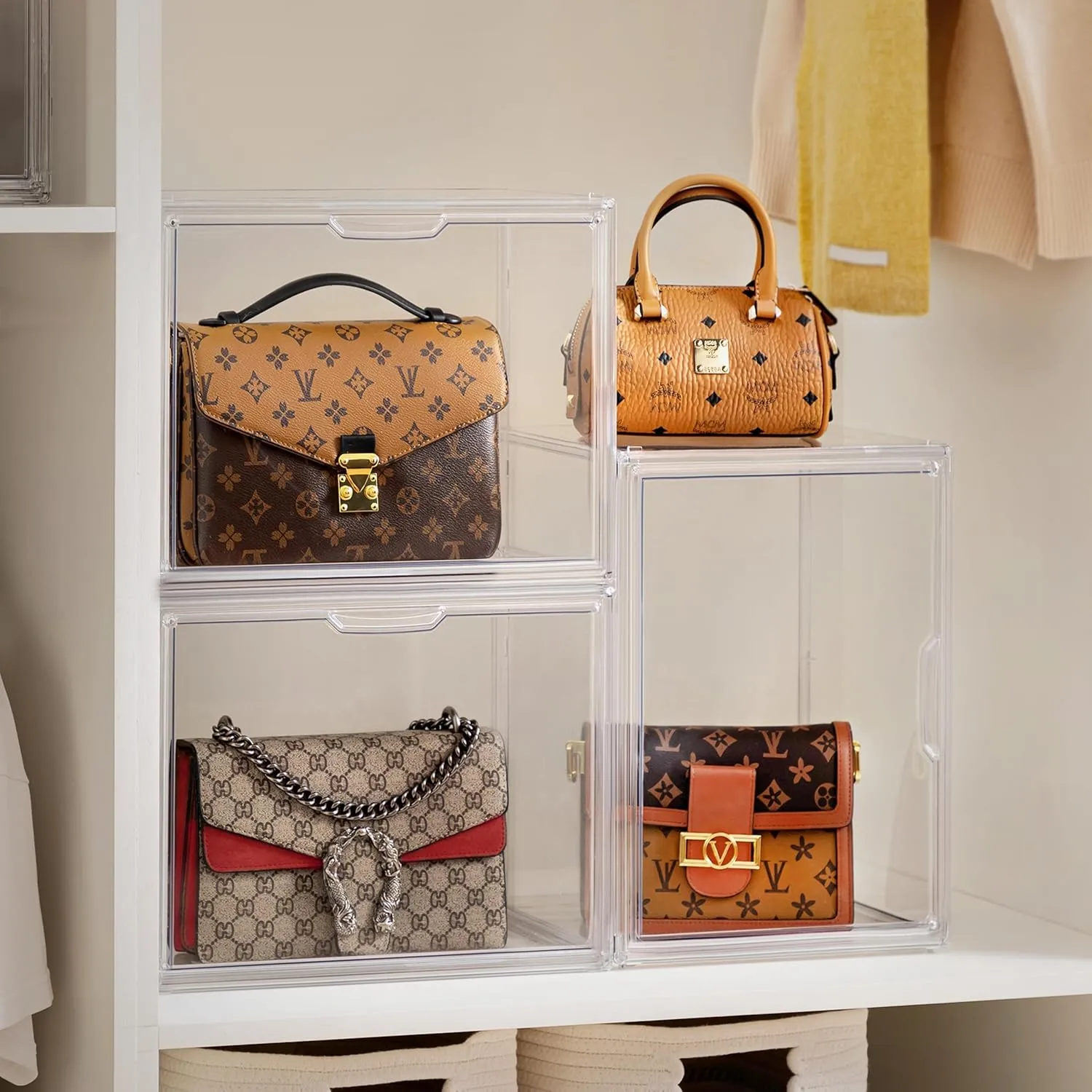 HBlife 6 Pack Purse Storage Organizer for Closet, Large Clear Stackable Handbag Display Case Box with Magnetic Door for Collectibles, Cosmetics, Women Heels and Toys