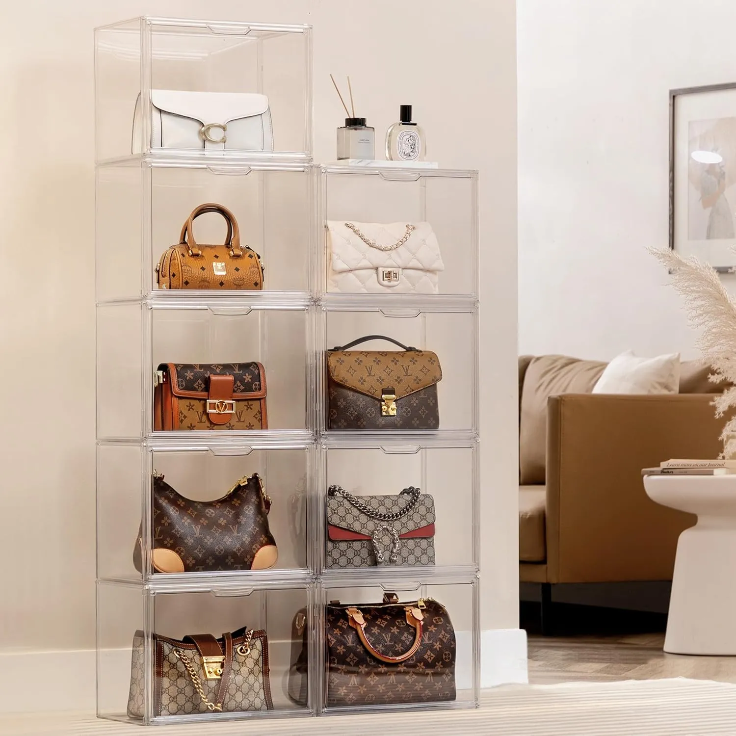 HBlife 6 Pack Purse Storage Organizer for Closet, Large Clear Stackable Handbag Display Case Box with Magnetic Door for Collectibles, Cosmetics, Women Heels and Toys