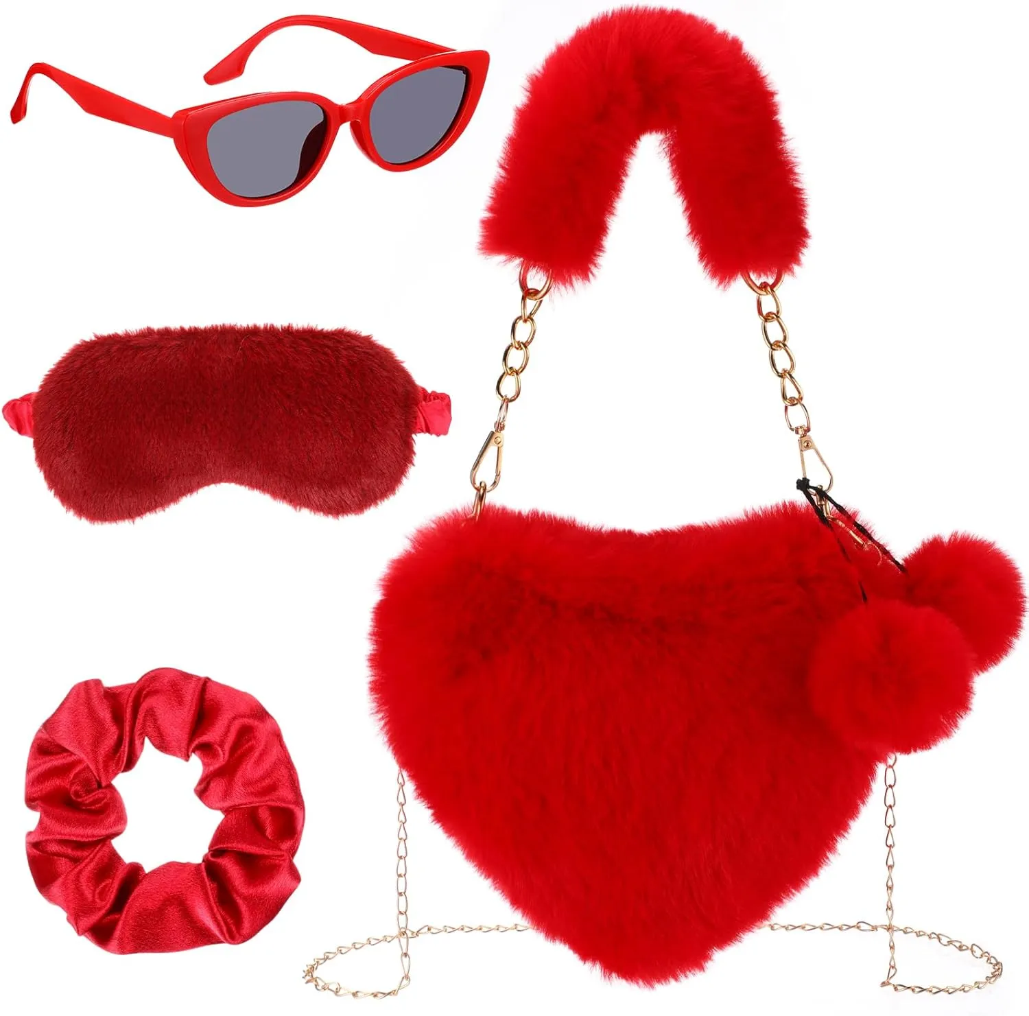 Heart Purse for Teachers Women Furry Heart Shaped Fur Soft Purses Scrunchie Sunglass Eye Mask for Gifts,Pink