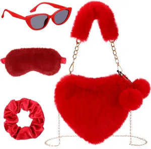 Heart Purse for Teachers Women Furry Heart Shaped Fur Soft Purses Scrunchie Sunglass Eye Mask for Gifts,Pink