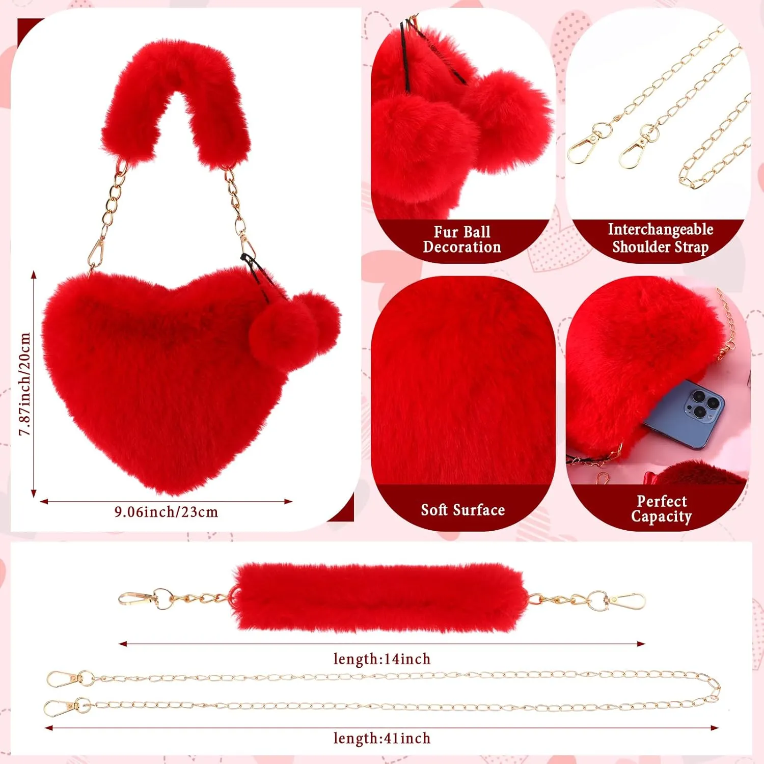 Heart Purse for Teachers Women Furry Heart Shaped Fur Soft Purses Scrunchie Sunglass Eye Mask for Gifts,Pink