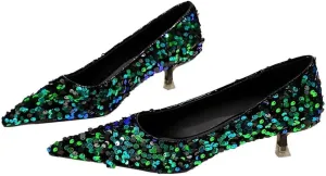 Hee grand Sequins Kitten Heel Sexy Pointed Toe Stilettos Bridal Sparkles Dress Shoes for Wedding Party
