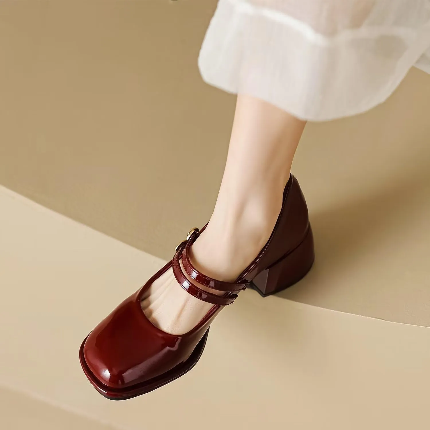Hee grand Vintage Mary Jane Shoes Chunky Heels for Women Square Toe Adjustable Strap Pump PU Leather Brogue Work Heels Dress Shoes