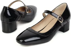 Hee grand Vintage Mary Jane Shoes Chunky Heels for Women Square Toe Adjustable Strap Pump PU Leather Brogue Work Heels Dress Shoes