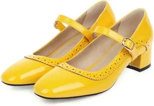Hee grand Vintage Mary Jane Shoes Chunky Heels for Women Square Toe Adjustable Strap Pump PU Leather Brogue Work Heels Dress Shoes