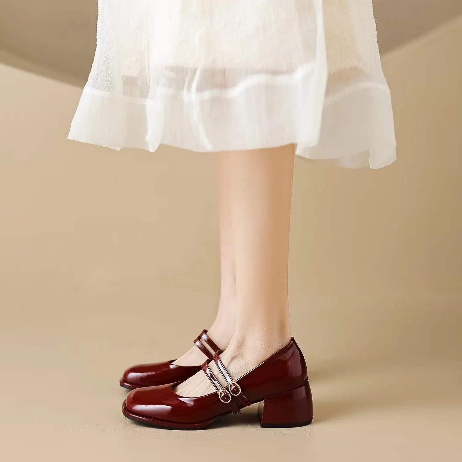 Hee grand Vintage Mary Jane Shoes Chunky Heels for Women Square Toe Adjustable Strap Pump PU Leather Brogue Work Heels Dress Shoes