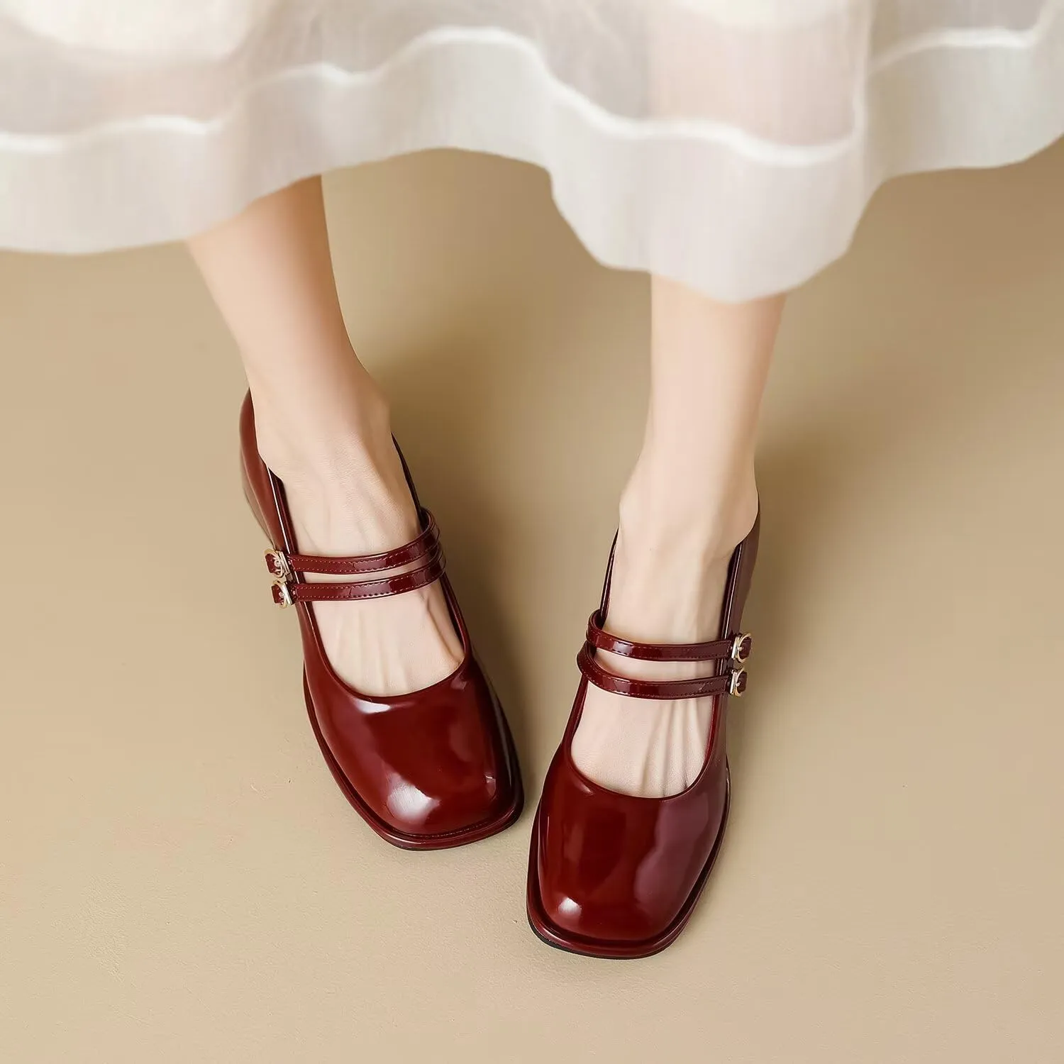 Hee grand Vintage Mary Jane Shoes Chunky Heels for Women Square Toe Adjustable Strap Pump PU Leather Brogue Work Heels Dress Shoes