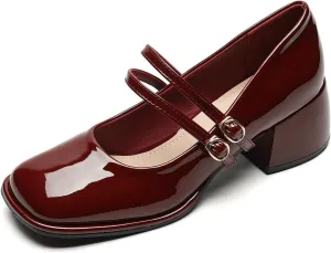 Hee grand Vintage Mary Jane Shoes Chunky Heels for Women Square Toe Adjustable Strap Pump PU Leather Brogue Work Heels Dress Shoes