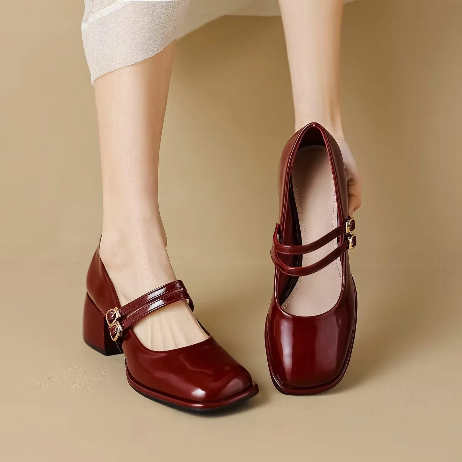 Hee grand Vintage Mary Jane Shoes Chunky Heels for Women Square Toe Adjustable Strap Pump PU Leather Brogue Work Heels Dress Shoes
