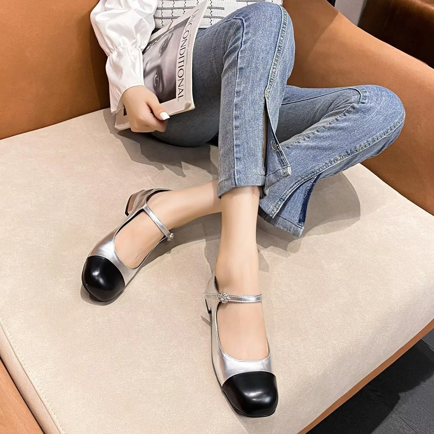 Hee grand Women Mary Jane Chunky Heels Round Toe Ankle Strap Pumps Comfortable Low Block Heel Dress Shoes School Uniform