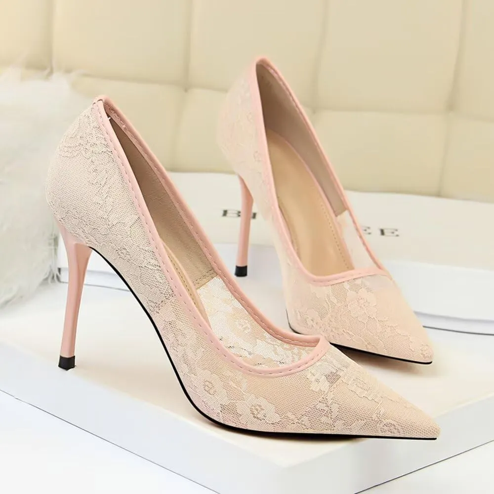 Hee grand Women Sexy Pointed Toe Lace High Heels Comfort Work Pumps Ladies Stilettos Bridal Dress Shoes for Wedding