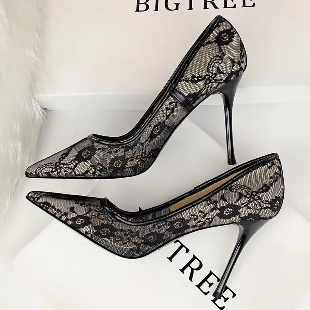 Hee grand Women Sexy Pointed Toe Lace High Heels Comfort Work Pumps Ladies Stilettos Bridal Dress Shoes for Wedding