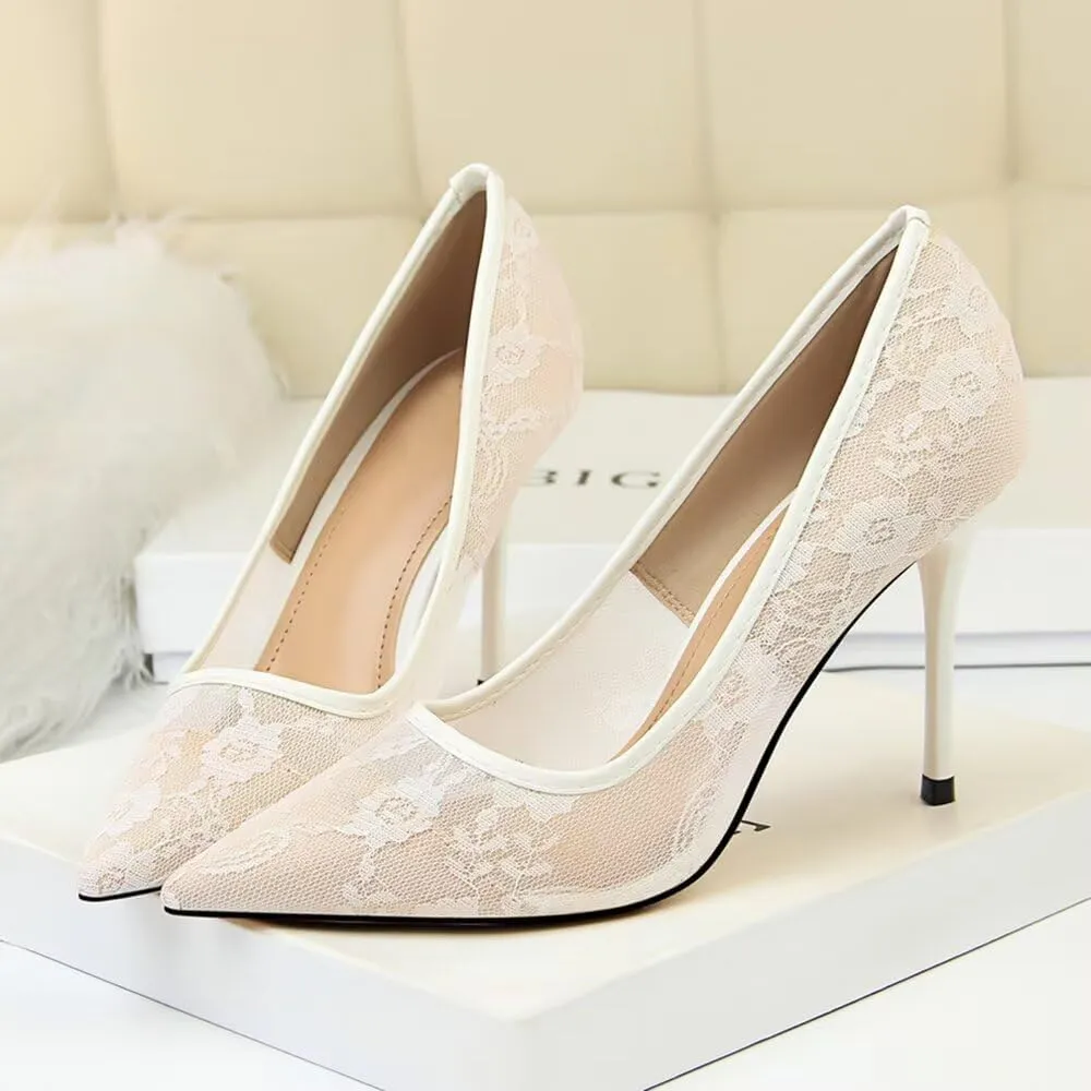Hee grand Women Sexy Pointed Toe Lace High Heels Comfort Work Pumps Ladies Stilettos Bridal Dress Shoes for Wedding