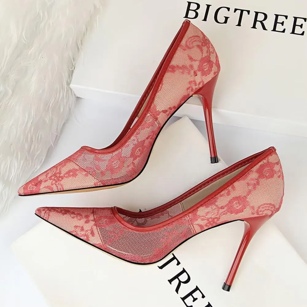 Hee grand Women Sexy Pointed Toe Lace High Heels Comfort Work Pumps Ladies Stilettos Bridal Dress Shoes for Wedding