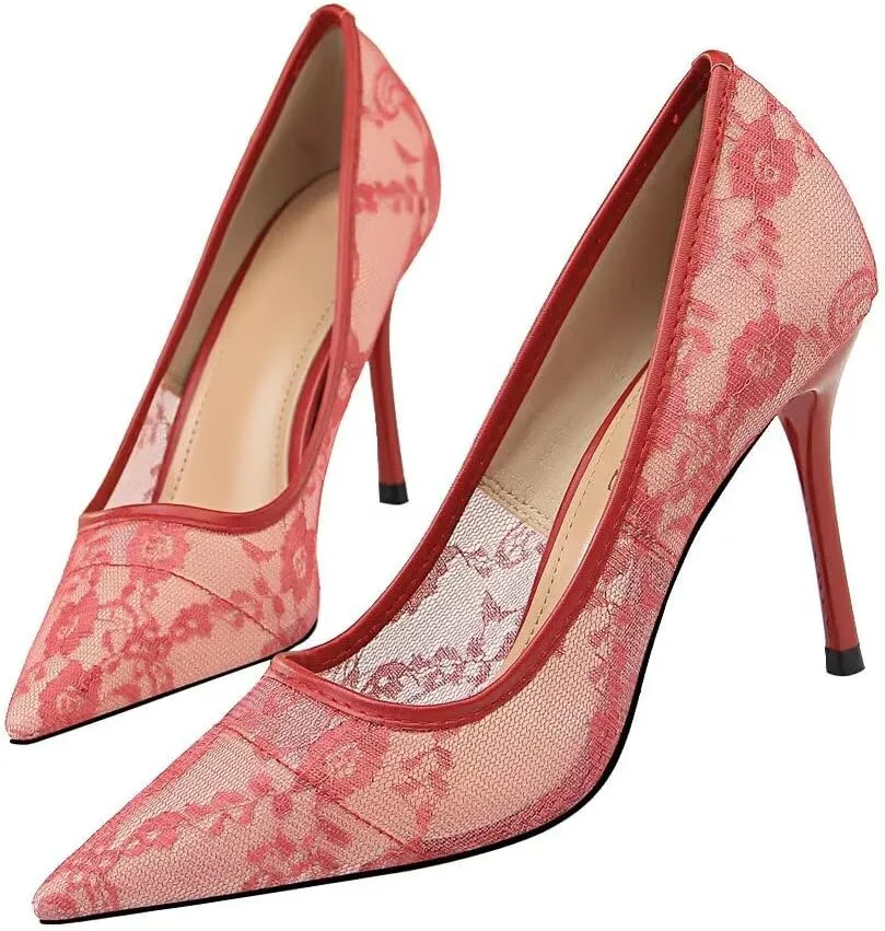Hee grand Women Sexy Pointed Toe Lace High Heels Comfort Work Pumps Ladies Stilettos Bridal Dress Shoes for Wedding