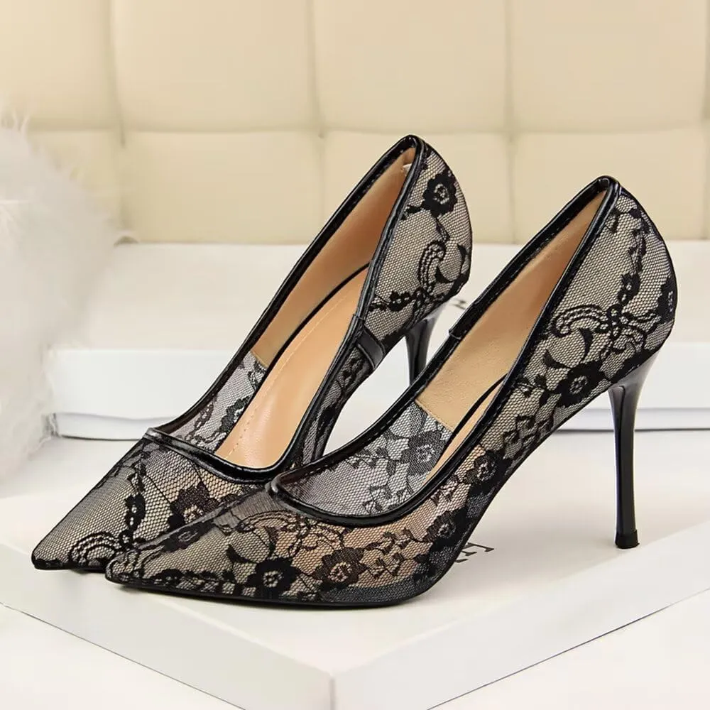 Hee grand Women Sexy Pointed Toe Lace High Heels Comfort Work Pumps Ladies Stilettos Bridal Dress Shoes for Wedding