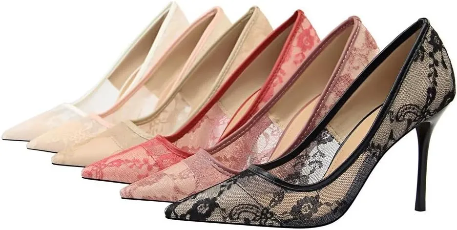 Hee grand Women Sexy Pointed Toe Lace High Heels Comfort Work Pumps Ladies Stilettos Bridal Dress Shoes for Wedding