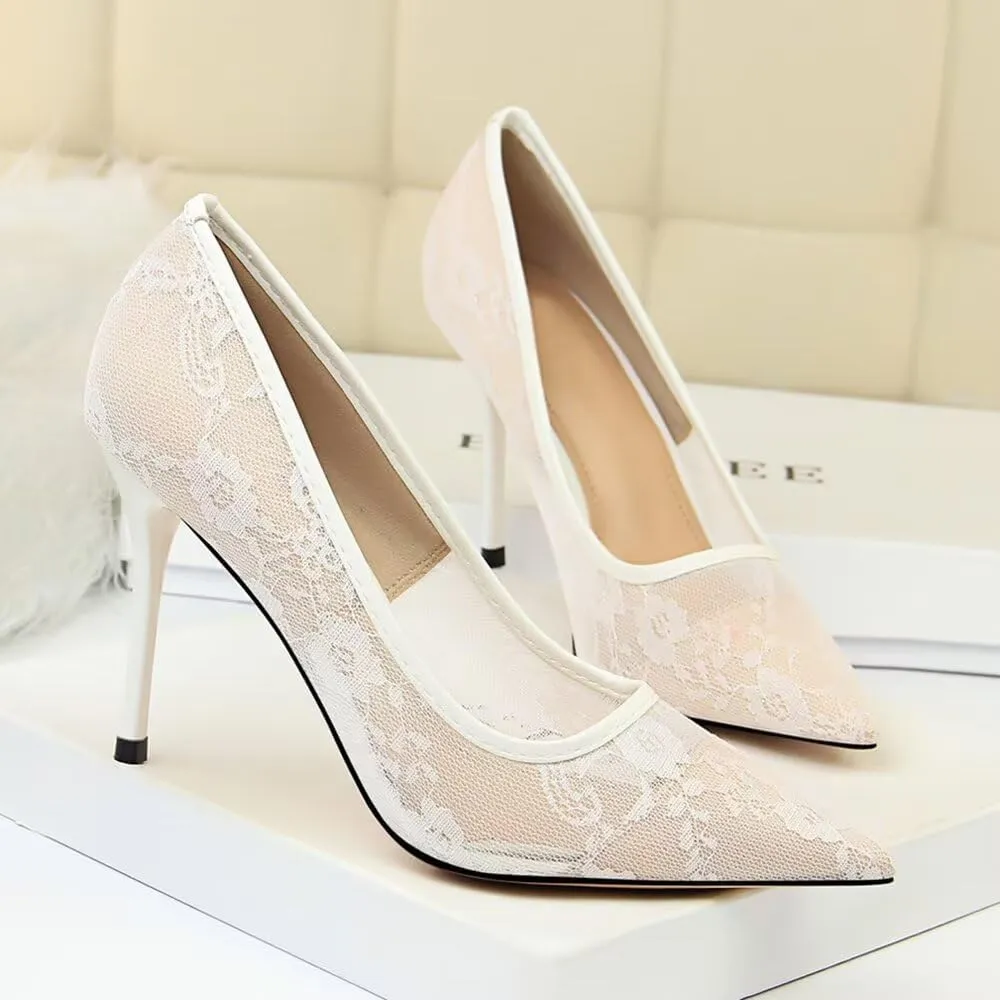 Hee grand Women Sexy Pointed Toe Lace High Heels Comfort Work Pumps Ladies Stilettos Bridal Dress Shoes for Wedding