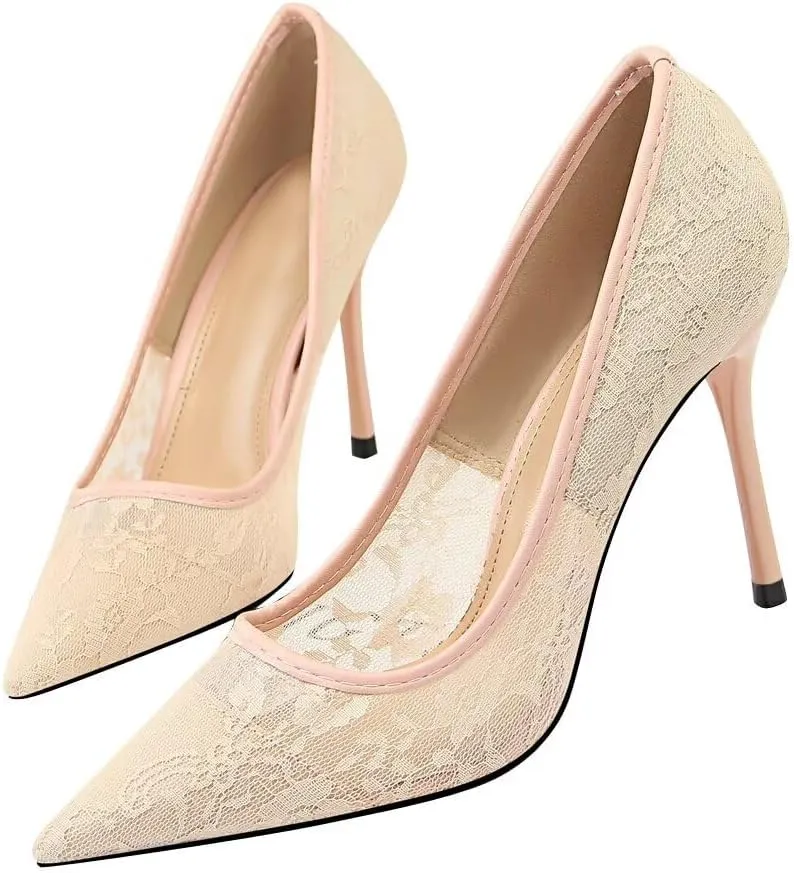 Hee grand Women Sexy Pointed Toe Lace High Heels Comfort Work Pumps Ladies Stilettos Bridal Dress Shoes for Wedding