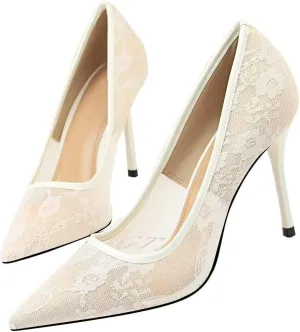 Hee grand Women Sexy Pointed Toe Lace High Heels Comfort Work Pumps Ladies Stilettos Bridal Dress Shoes for Wedding