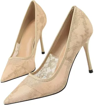 Hee grand Women Sexy Pointed Toe Lace High Heels Comfort Work Pumps Ladies Stilettos Bridal Dress Shoes for Wedding