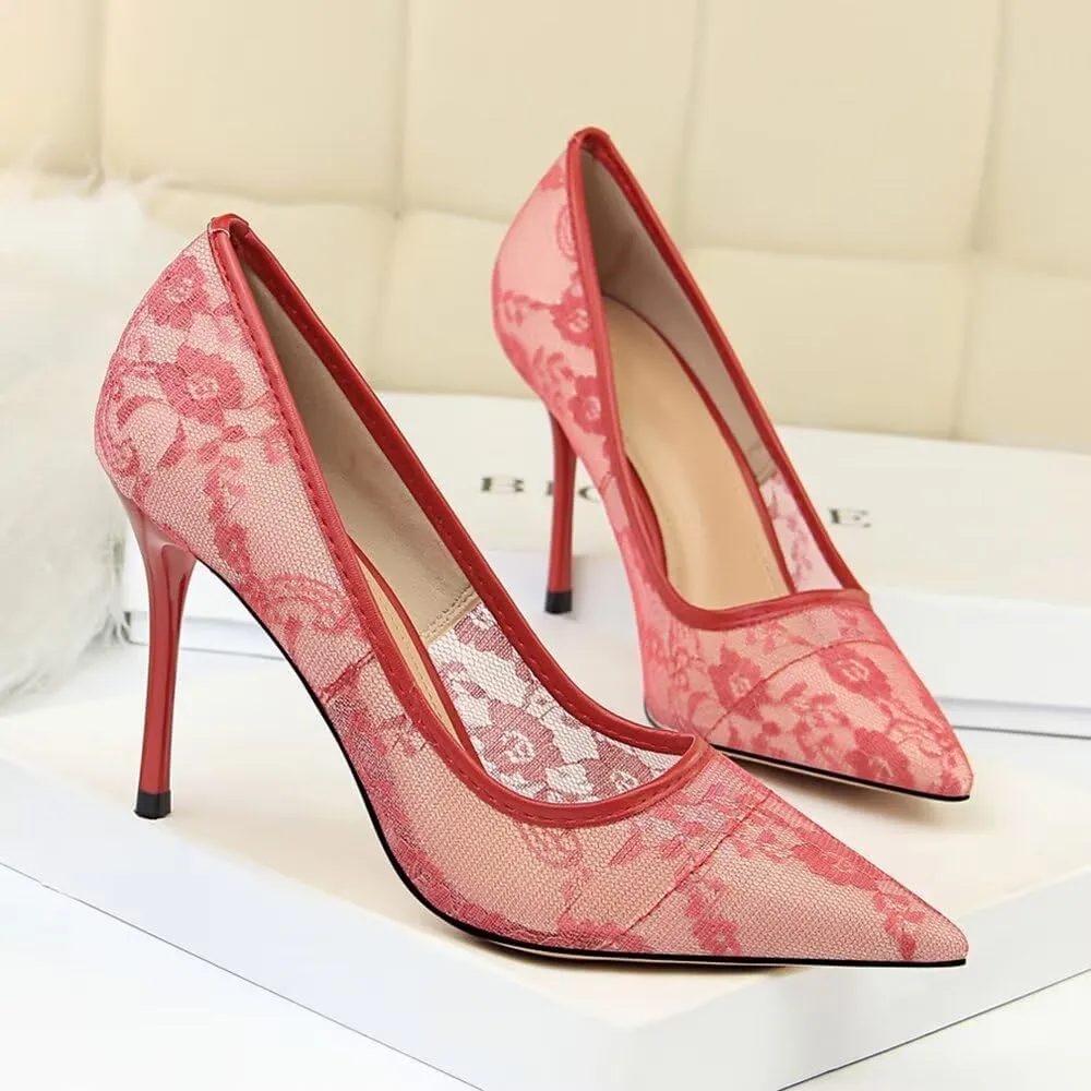 Hee grand Women Sexy Pointed Toe Lace High Heels Comfort Work Pumps Ladies Stilettos Bridal Dress Shoes for Wedding