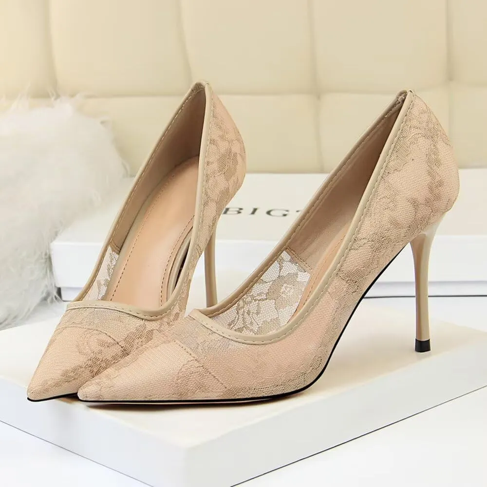 Hee grand Women Sexy Pointed Toe Lace High Heels Comfort Work Pumps Ladies Stilettos Bridal Dress Shoes for Wedding