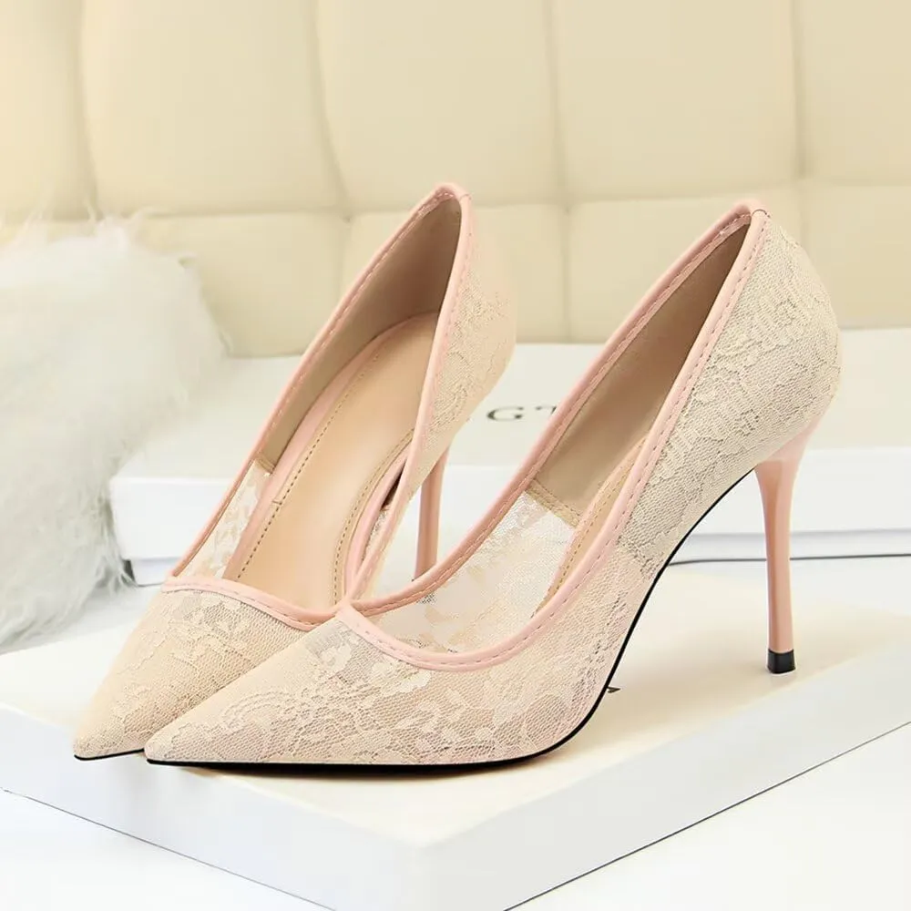 Hee grand Women Sexy Pointed Toe Lace High Heels Comfort Work Pumps Ladies Stilettos Bridal Dress Shoes for Wedding