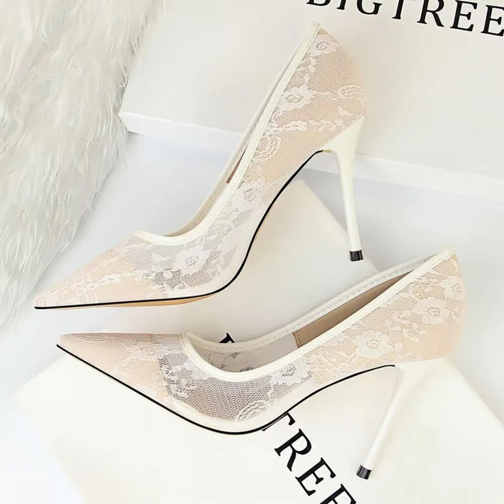 Hee grand Women Sexy Pointed Toe Lace High Heels Comfort Work Pumps Ladies Stilettos Bridal Dress Shoes for Wedding
