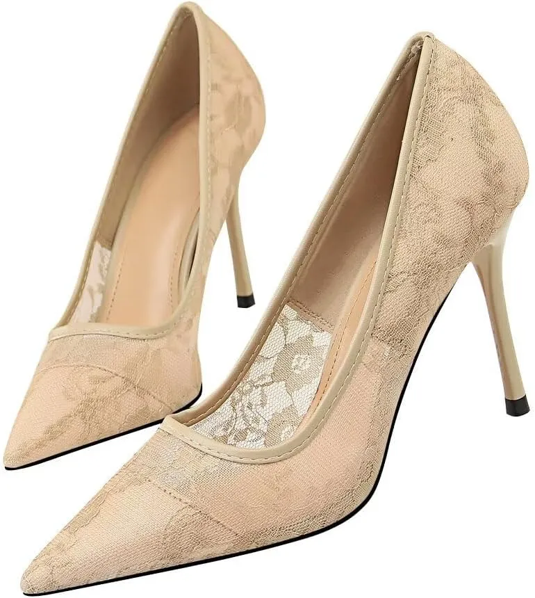 Hee grand Women Sexy Pointed Toe Lace High Heels Comfort Work Pumps Ladies Stilettos Bridal Dress Shoes for Wedding