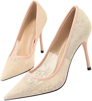 Hee grand Women Sexy Pointed Toe Lace High Heels Comfort Work Pumps Ladies Stilettos Bridal Dress Shoes for Wedding